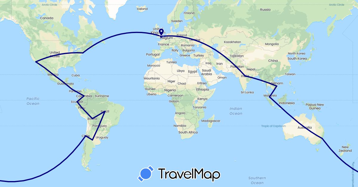TravelMap itinerary: driving in Argentina, Australia, Bolivia, Brazil, Chile, Colombia, Costa Rica, Ecuador, United Kingdom, India, Mexico, Malaysia, Peru, United States, Vietnam (Asia, Europe, North America, Oceania, South America)